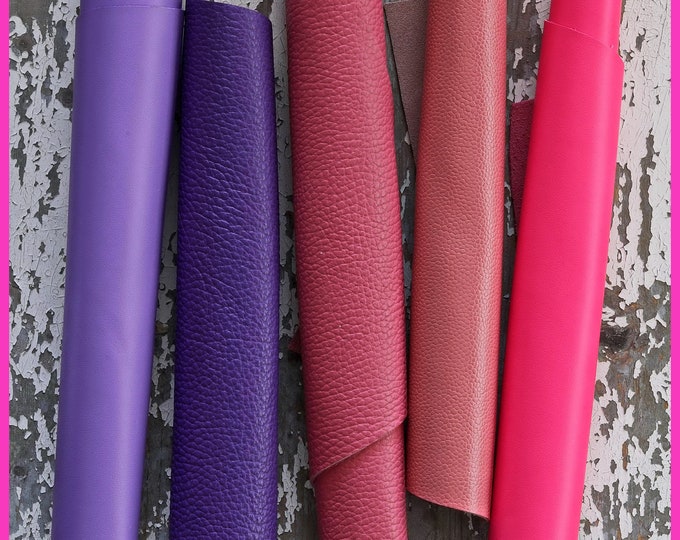 5 selected leather pieces, PINK and PURPLE palette, calf leather remnants as per pictures    RT123    La Garzarara