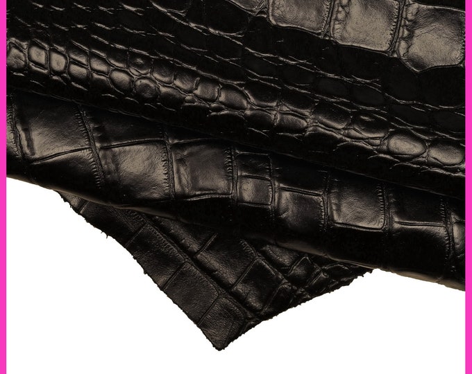 Black crocodile EMBOSSED leather hide, animal croc printed glossy Italian cowhide, top quality alligator calfskin B15454-TB La Garzarara