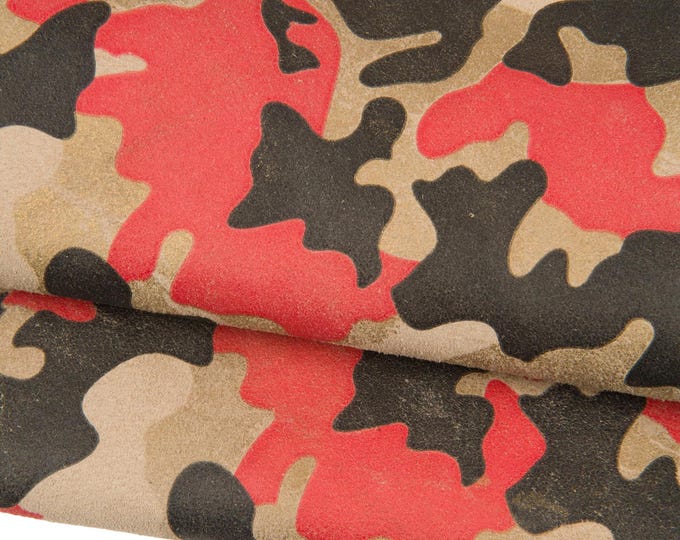 CAMO leather hide, textured leather skin, red brown black GOLD pearling military print on suede split calfskin camouflage  B17319-ST