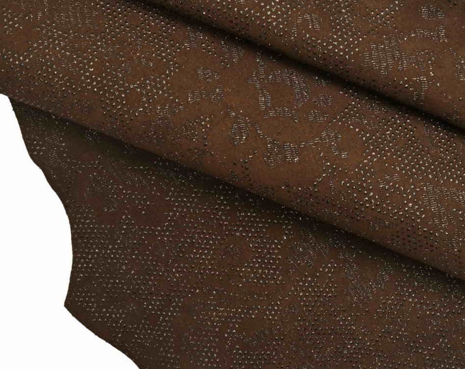 Brown glitter suede leather - floral metallic printed hides - bright flowers texture on goat skins   B13182-MT(ST) La Garzarara