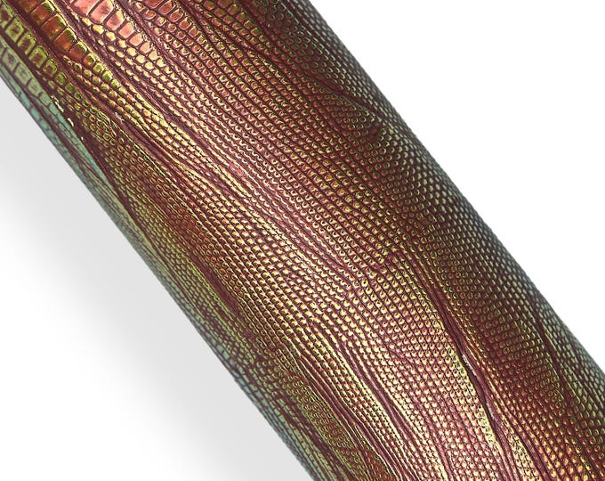 Red yellow IRIDESCENT leather skin, metallic REPTILE printed goatskin hide bright crocodile embossed skin  B18168-MT(st)  La Garzarara