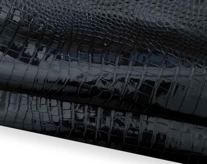 Black CROCODILE embossed leather hide, pearlized alligator printed PATENT cowhide, glossy calfskin 1.0 - 1.1 mm B18665-TB  La Garzarara