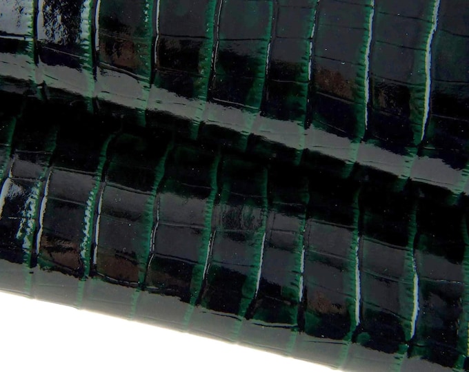 CROCODILE embossed leather hide, green black animal printed PATENT cowhide, glossy stiff calfskin, 1.0 - 1.1 mm B17337-ST La Garzarara