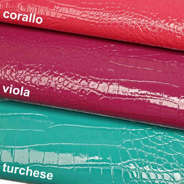 EMBOSSED CROC leather hides - coral purple turquoise glossy laquer croc printed skins  B12221-ST La Garzarara