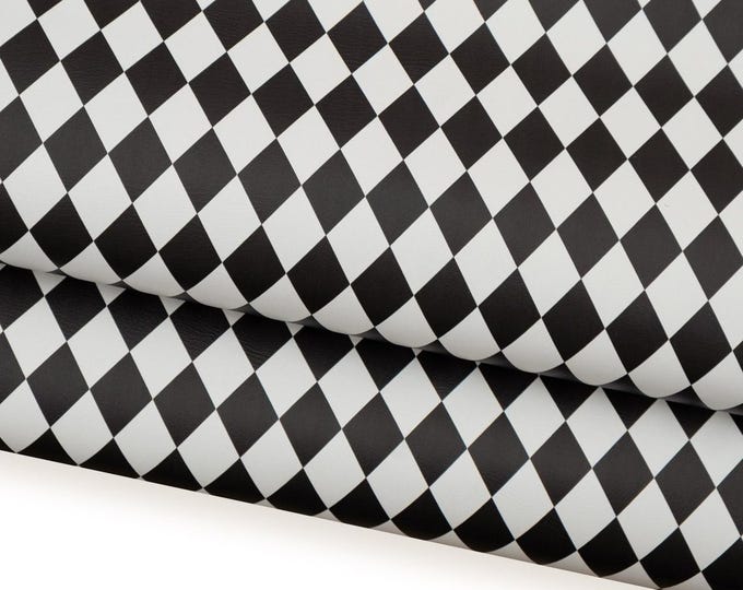 Black white DIAMOND printed leather hide, geometrical square pattern on cowhide, matt soft calfskin 1.4 - 1.6 mm B18781-ST  La Garzarara