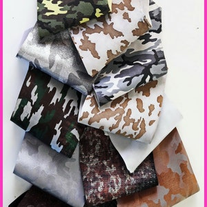Sacchetto di ritagli di pelle miste, stampa CAMOUFLAGE, lamine, fantasie e morbidezze varie   0,300 kg    B1470-RC    La Garzarara