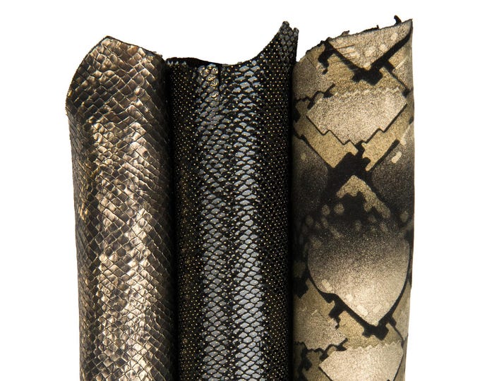 Set of 3 grey, bronze, steel METALLIC leather skins, REPTILE python textured printed goatskins, as per picture B18301-MT(st) La Garzarara