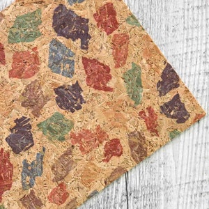 Fogli di SUGHERO naturale con stampa astratta multicolor, scampoli tessuto pelle vegana made in Italy  15x12 cm / 25x20 / 30x30 cm  B934