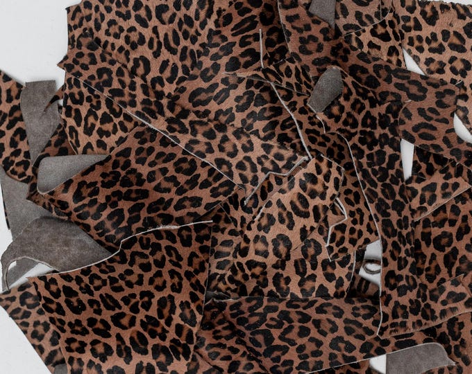 Leopard Cavallino Leather Scraps, Small Hair On Offcuts, Brown and Tan Animal Print Pieces for Jewelry and Crafts 4x2 inches   La Garzarara