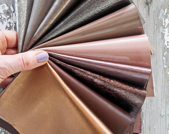 10 TAUPE BROWN and GREY leather scraps, metallic and not, smooth, solid tones, random assortment, grains various    B1542   La Garzarara