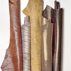 May include: An assortment of decorative fabric samples in various textures and colors. The fabrics include a snakeskin-like brown, a silver and purple patterned fabric, a gold fabric with silver accents, a gold striped fabric, and a dark brown textured fabric.