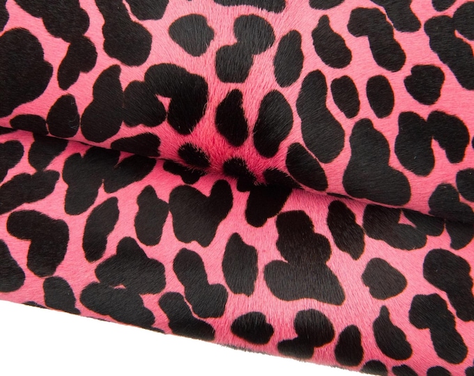 LEOPARD printed HAIR ON leather hide, pink - black cheetah textured pony calfskin, soft cowhide for crafting B18640-cv  La Garzarara