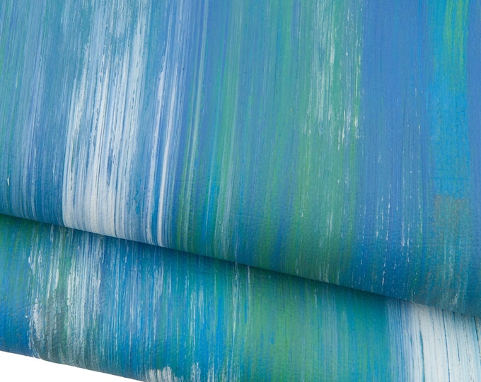 Multicolor HAND-PAINTED leather skin, white, blue, green and purple STROKES print on goatskin, unique hide for hobbyists b18413-dm