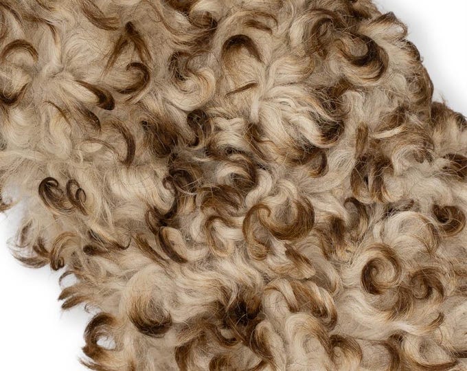 Brown/cream WOOL on leather - SHEARLING hairy sheepskin,  curly hair , soft material for boots and garments  B19639-MNT La Garzarara