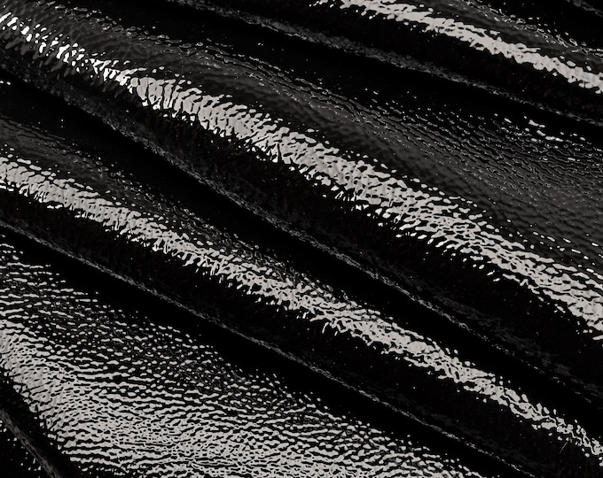 Pearlized Black Patent Leather Hide, 1.3-1.4mm Wrinkled Naplak Cowhide, Soft Glossy Calfskin for Luxury Crafts B16412-TB La Garzarara