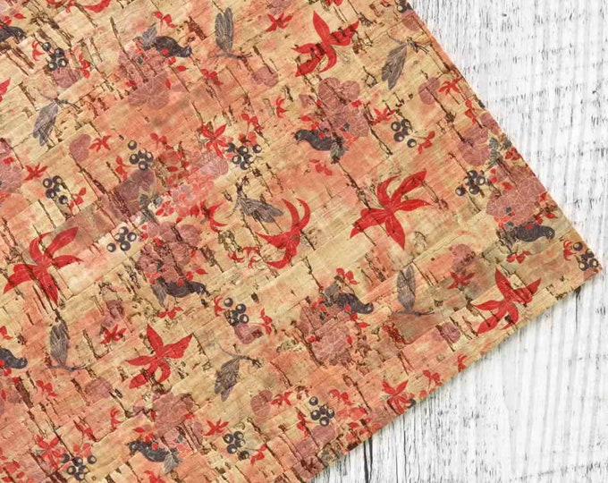 Coral, pink and grey floral and little birds printed CORK sheets -  vegan fabric pre-cut pieces , made in Italy   4 x 6" / 8 x 10"   B940