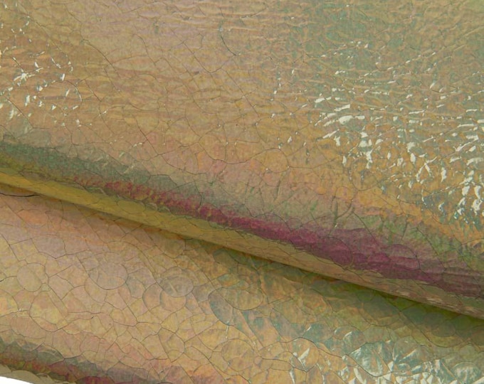 Light gold METALLIC leather skin, iridescent CRACKLE printed goatskin, soft sparkle material for crafters B19425-MT(st) La Gararara