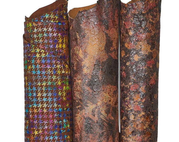 3 brown and multicolor leather skins, assortment of distredded printed soft vintage textured goatskins as per pictures B18341-ST LaGarzarara