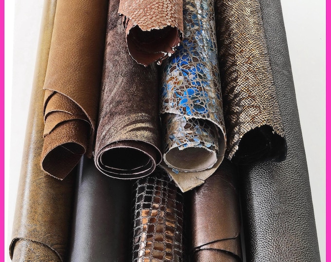 Dark brown tobacco leather skins printed textured patterns, animal and geometric hides or 10 random mix hides B14840-ST La Garzarara