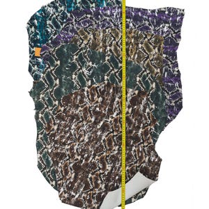 May include: A collection of multi-colored snakeskin leather hides. The hides are in shades of teal, purple, green, and brown. A yellow measuring tape is placed vertically along the hides, indicating the length of the leather.