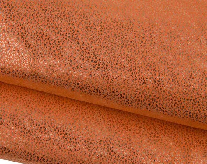 Orange METALLIC leather skin, gold REPTILE texture on orange suede goatskin, soft bright material for hobbyists B19466-MT(st) LaGarzarara
