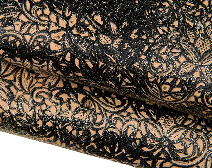 Floral textured leather hide,  FLOWER print on calfskin, beige-black GLITTER hand painted for diy    B18390-DM   La Garzarara