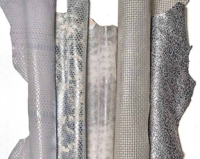 Full Leather skins SILVER palette, RANDOM assortment, mix of patterns and solid colors, crafting leather bundles  B145  La Garzarara