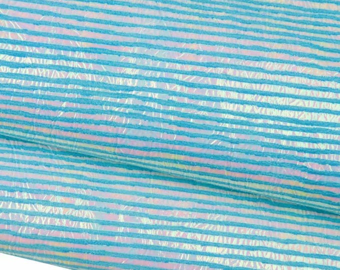 METALLIC STRIPED leather hide, light blue and green pattern on silver iridescent cowhide, bright soft calfskin B18547-MT(st) La Garzarara