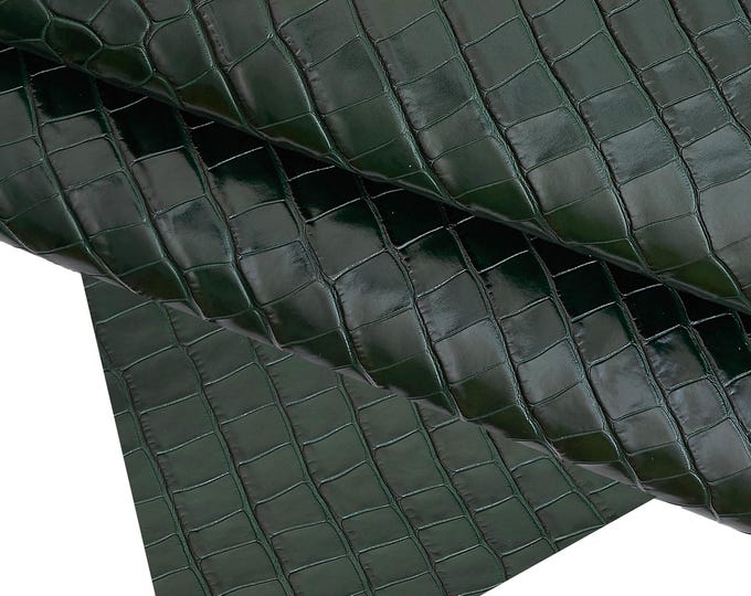 Dark green CROCODILE embossed leather hide, croc printed glossy stiff calfskin, bottle green cowhide B16752-ST La Garzarara