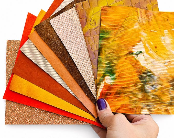 10 Variety Orange leather scraps, printed and metalic leather cut, textured metallic Offcuts RT268   La Garzarara