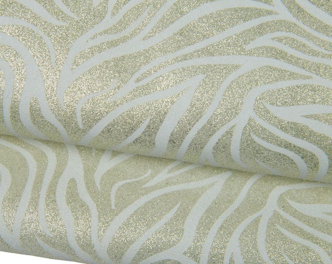 METALLIC ZEBRA printed leather hide, light gold/silver glittered animal texture on white suede calfskin B18035-MT(st) La Garzarara