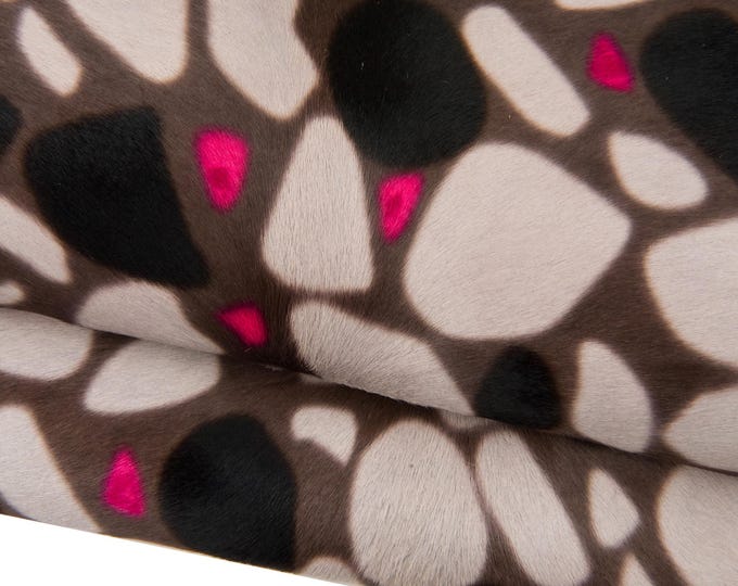 GEOMETRIC printed hair on leather hide, cream, black and fuchsia tones, graphic textured pony calfskin, cowhide for crafting B18637-CV