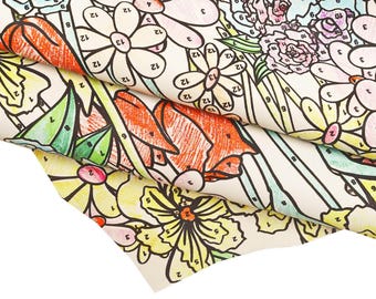 MULTICOLOR FLORAL printed leather skin, colorful flower print on lambskin, soft textured sheepskin b16241-st
