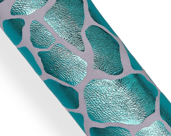 Turquoise metallic leather skin, GIRAFFE printed goatskin, animal pattern on light grey suede hide, very bright   B18234-MT(st)