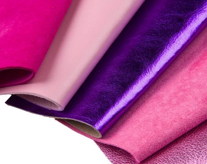 10 Selected leather scraps, PINK and FUCHSIA color, mix colorful selection leather remnants as per pictures  B1549  La Garzarara