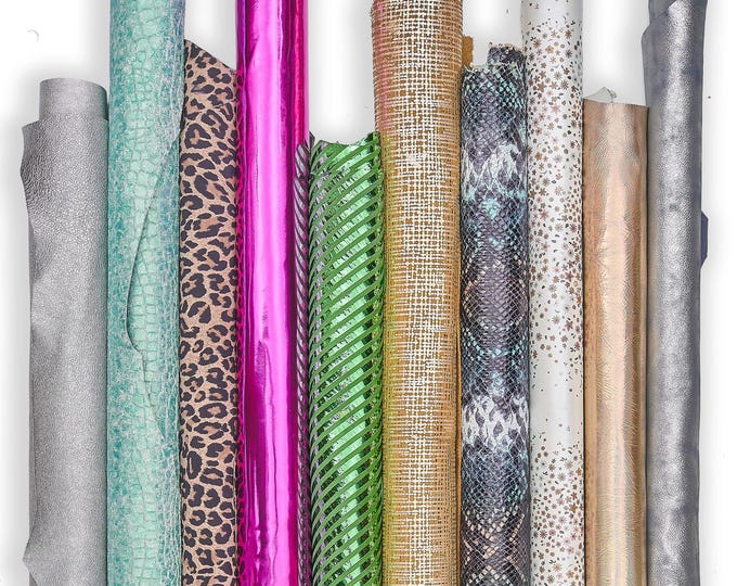 5 or 10 metallic printed leather hide skin random mix, colorful textured fancy style leather for bags  B148  La Garzarara