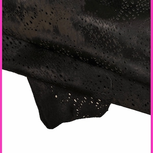 Black grey PERFORATED hair on leather hide, acid effect on printed pony calfskin, vintage distressed soft hairy cowhide B15860-CV