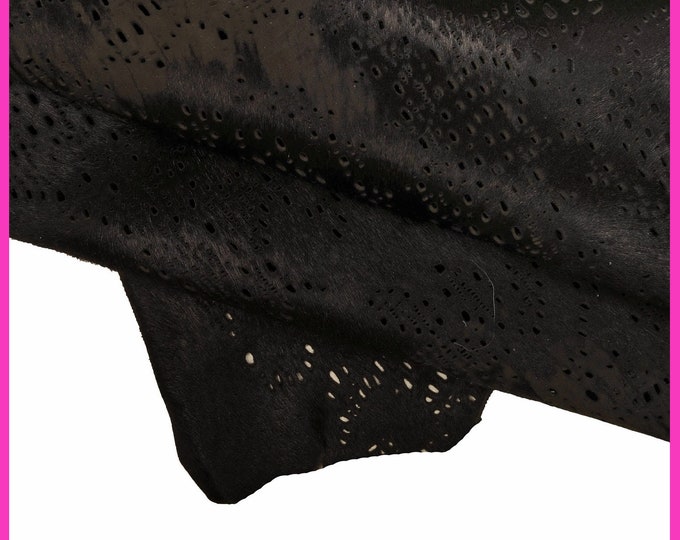 Black grey PERFORATED hair on leather hide, acid effect on printed pony calfskin, vintage distressed soft hairy cowhide B15860-CV