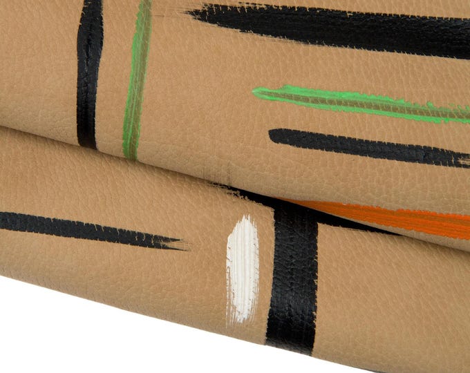 MULTICOLOR almond beige nubuck leather hide, hand PAINTED suede cowhide, unique  calfskin for carfters B18411-DM La Garzarara