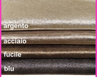 SILVER BLUE gunmteal steel leather hide, metalliz tiny pebble grain goatskin, soft skin with foil B14291-MT La Garzarara