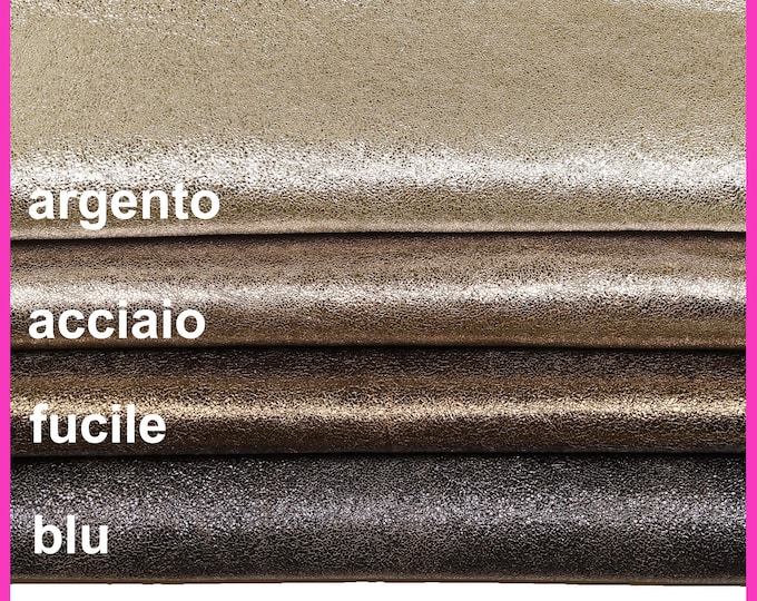 SILVER BLUE gunmteal steel leather hide, metalliz tiny pebble grain goatskin, soft skin with foil B14291-MT La Garzarara