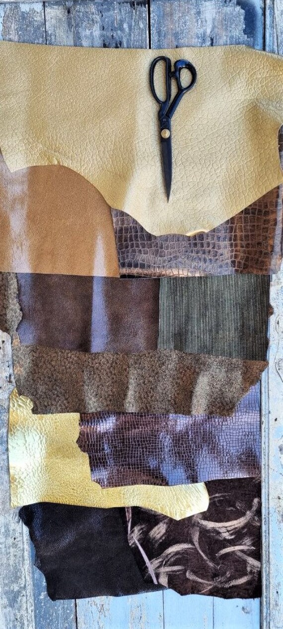 10 Selected leather SCRAPS, brown tones, mix METALLIC printed selection of  leather remnants as per pictures