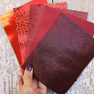 5 Ritagli di pellami unici selezionati, color ROSSO, stampe varie, laminate e non, pezzi mix di fantasie come da foto RT251