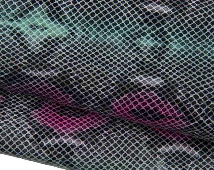 Dark green - purple - black PYTHON printed leather skin, SNAKE textured semi glossy calfskin, reptile pattern on soft hide B19446-ST