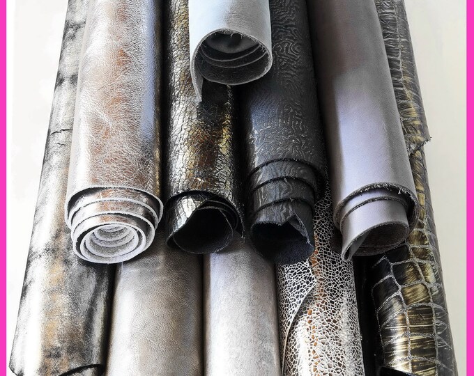 Stock of 10 RANDOM GREY, steel, gunmetal full leather hides, bundle of matching skins, smooth metallic textured skin B14831-ST La Garzarara