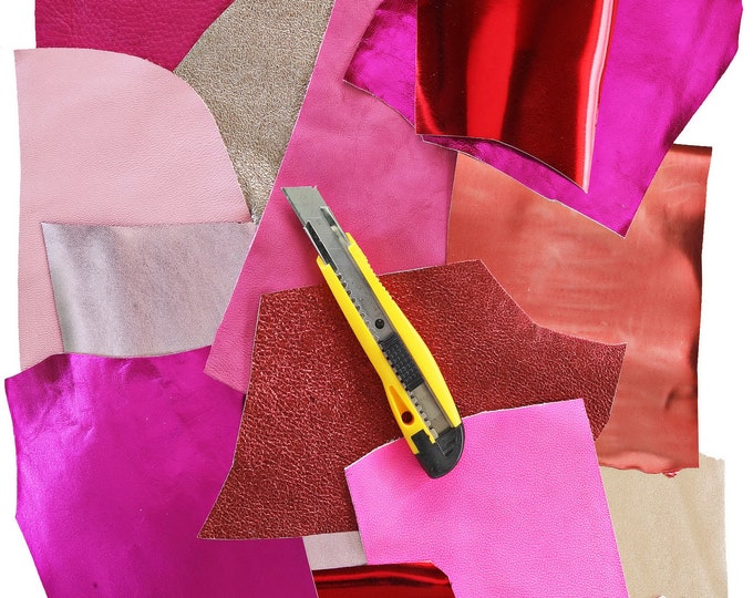 Red Pink Leather Offcuts Assorted Metallic and Solid Textures Smooth Soft and Grainy Random Selection Scrap Pack 0.7 lbs 300 gr  B1516