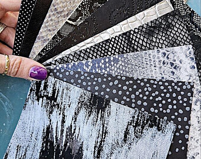 10 Selected leather scraps, BLACK and GREY, printed and metalic printed,mix selection leather pieces as per pictures RT276  La Garzarara