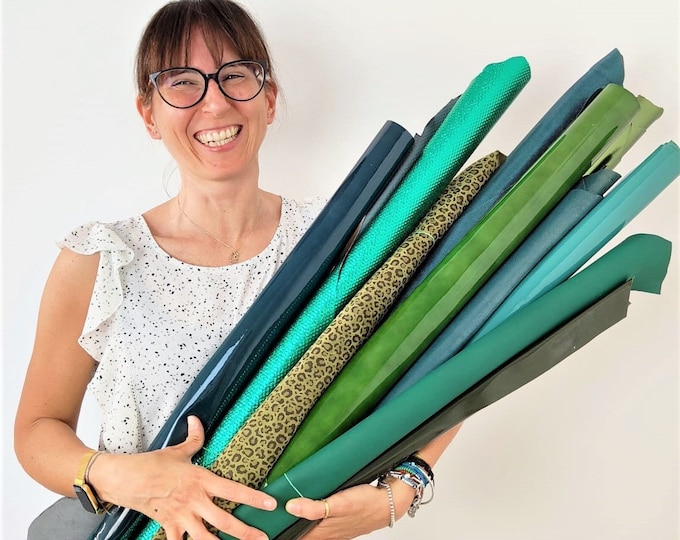 Full Leather skins GREEN color Random Assortment, mix of patterns and solid colors, Crafting Leather Bundles  3 skins / 6 skins  B129