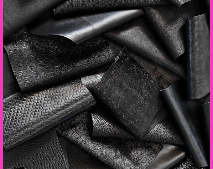 Leather scraps bag, BLACK tone, fancy textures, foils and softness various,, in total for 1 lbs and 2 lbs B078