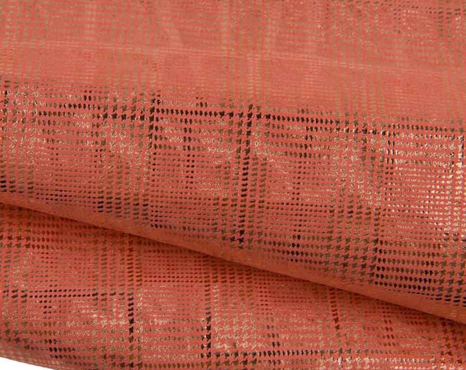 METALLIC SUEDE goatskins, orange leather skins with gold sparkle geometrical / crocodile pattern, bright hides B19391-MT(st) LaGarzarara